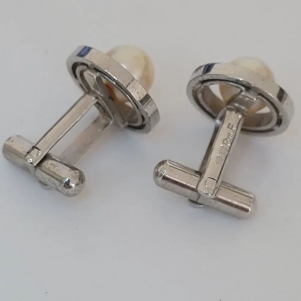 Grandea Sterling Silver Cufflinks with Geniue Acoya Pearl Silver Tone Round Retr